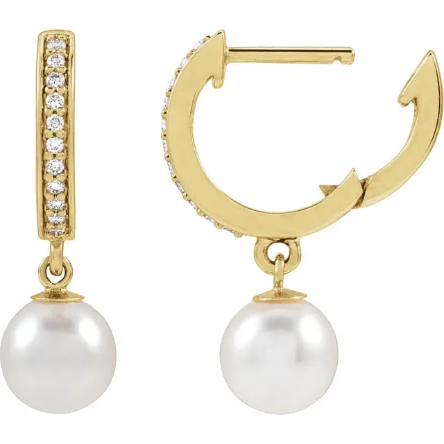 14 karat Guld Hoops med hvide ferskvandsperler og diamanter
